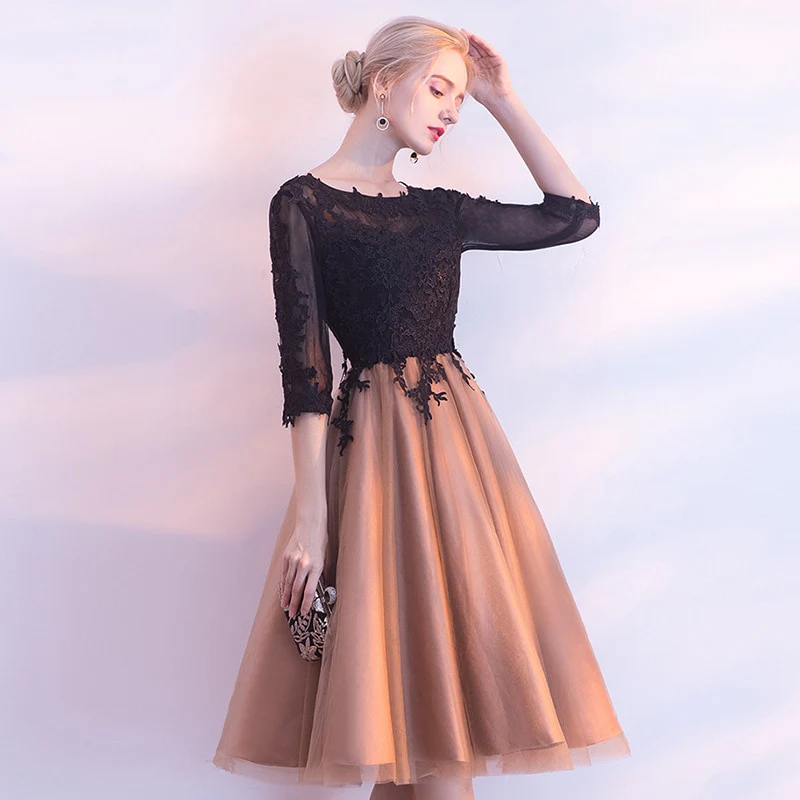 Luxury Black And Yellow O-Neck Half Sleeve Backless Appliques Lace Up Cocktail Dresses Knee Length Formal Dress LX458 - Image 4