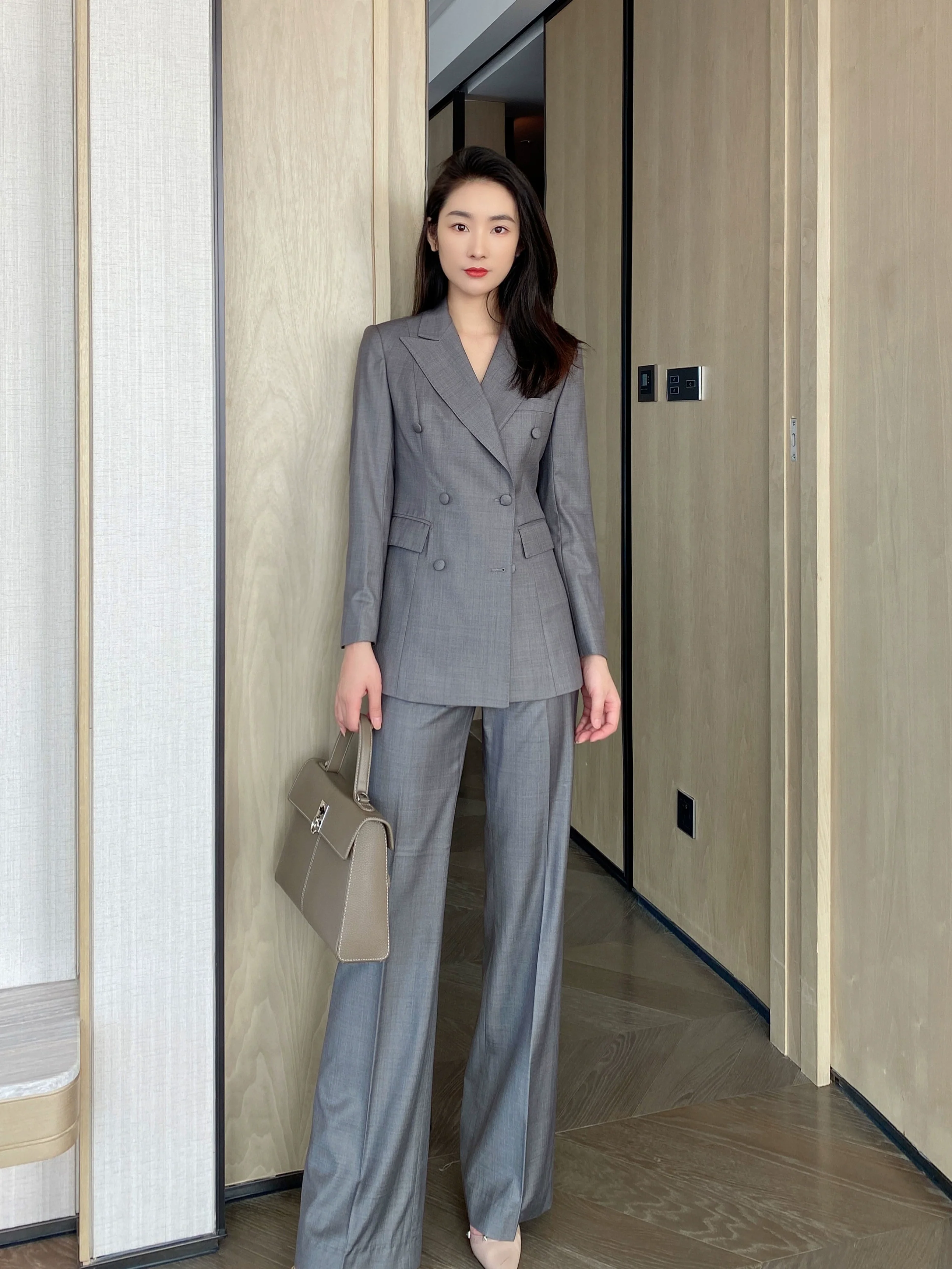 Medium Gray Autumn Classic Women’s Suit Jacket and Trousers Set - Image 5