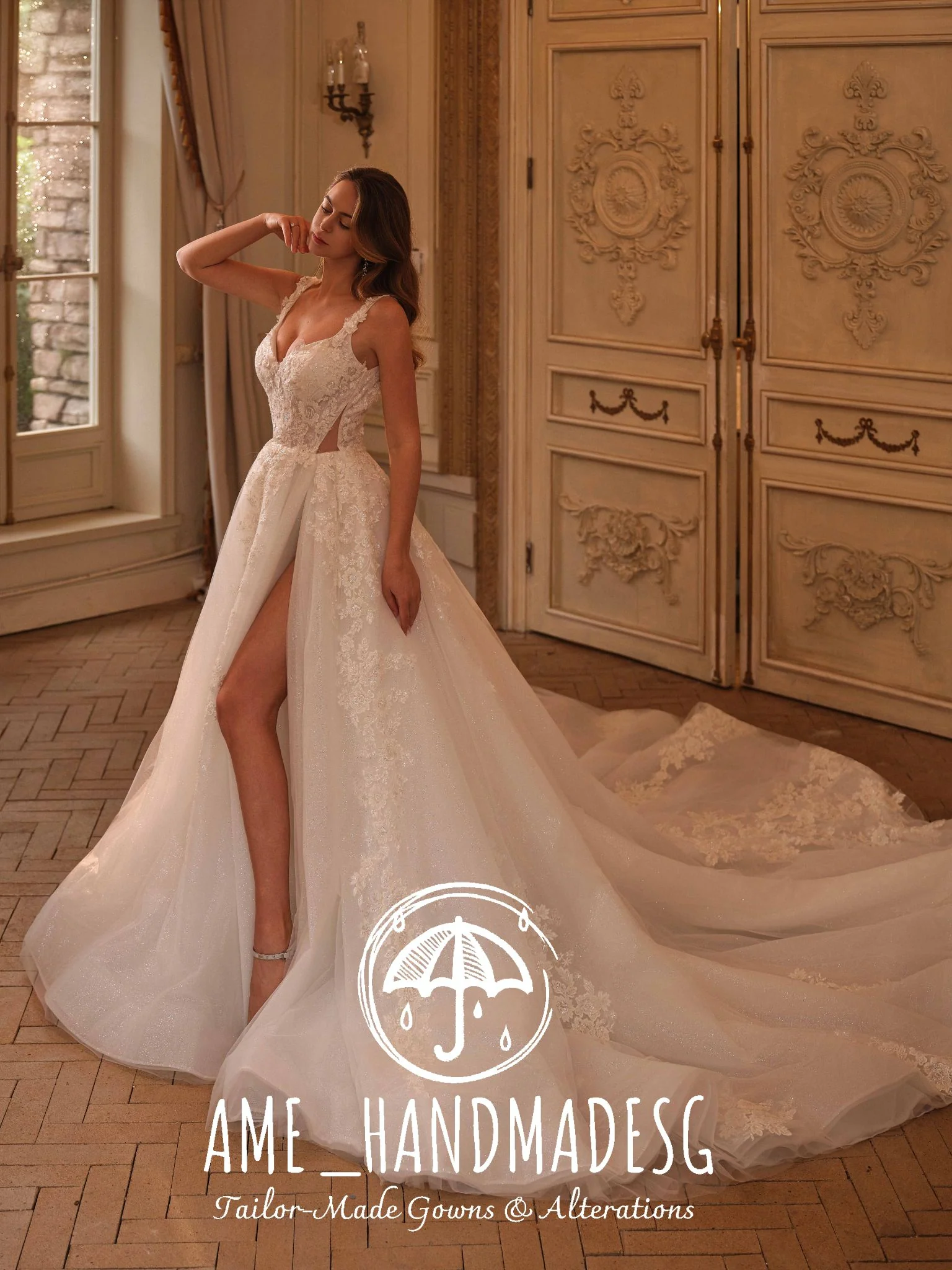 Bold Romance: A Contemporary Lace Bridal Gown with Slitv