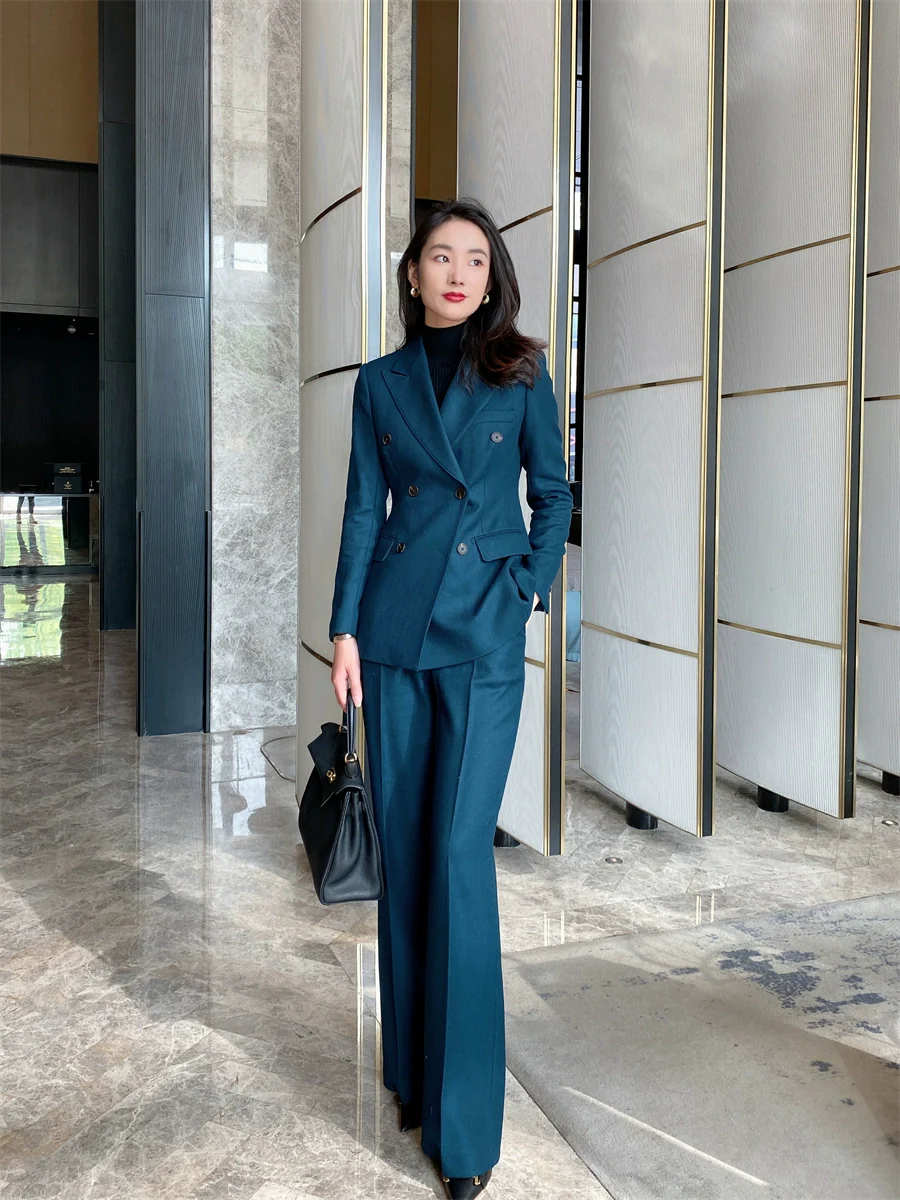 Peacock Blue Winter Classic Suit Jacket with Flared Trousers - Image 3
