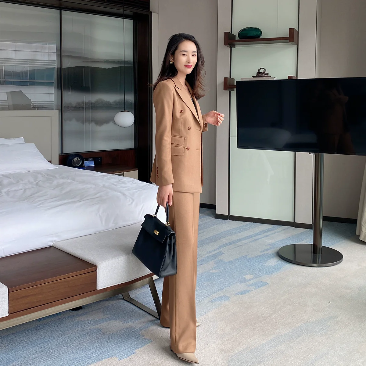 Premium Camel Wool Women’s Suit Set with Slim Fit Trousers - Image 3