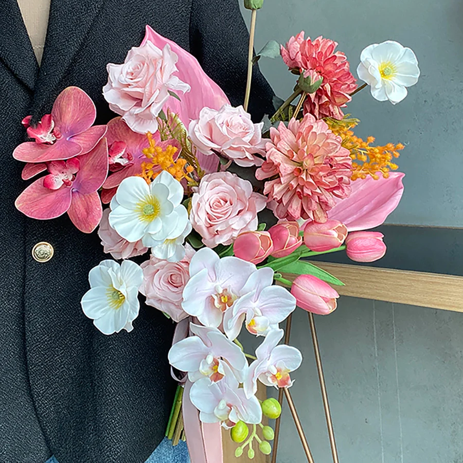 Retro Pink Phalaenopsis Orchid Handheld Bouquet for Home Décor - Image 2