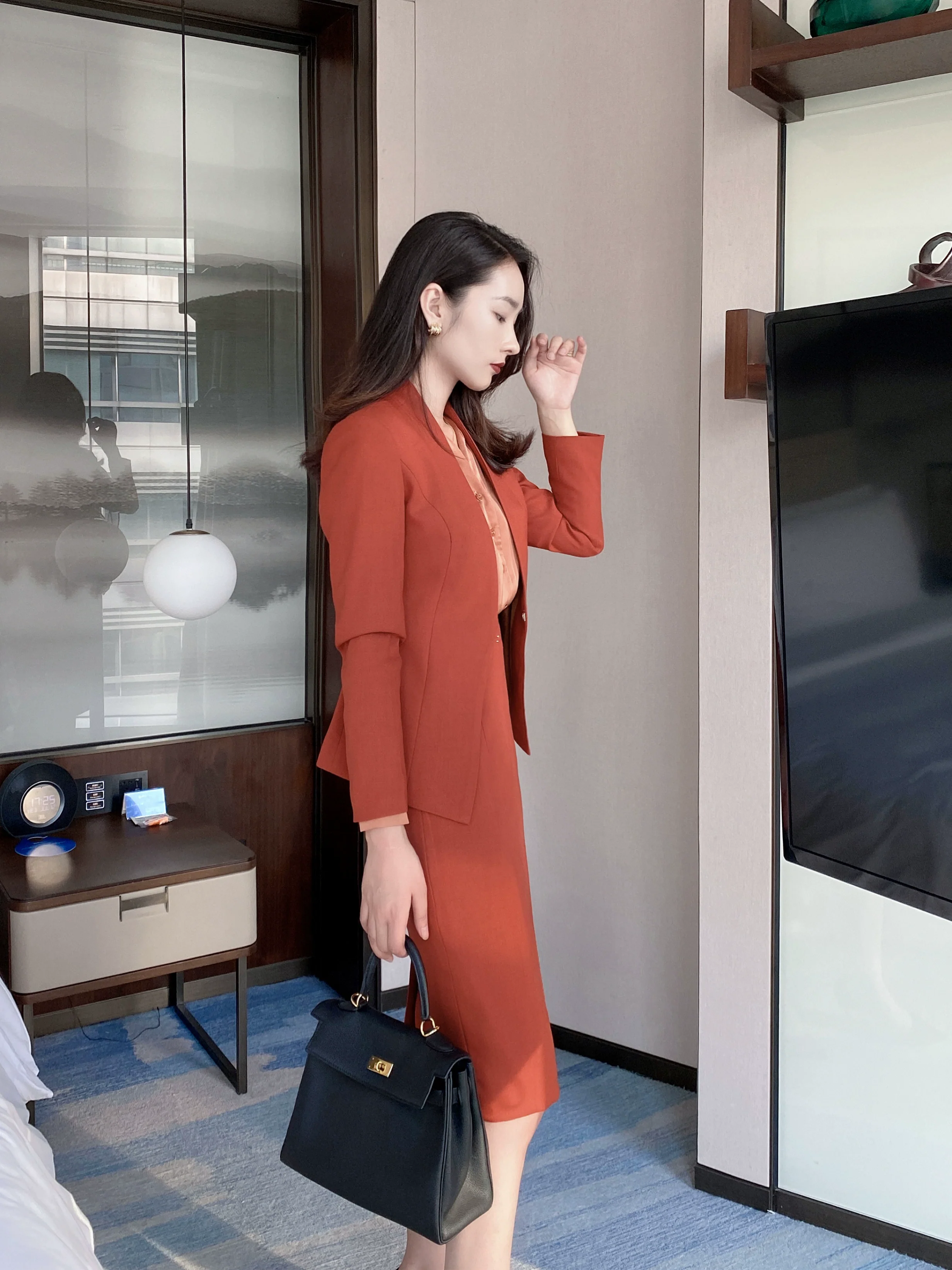 Rust Red Autumn Short Jacket & Pleated Skirt Set – Slim Fit - Image 3