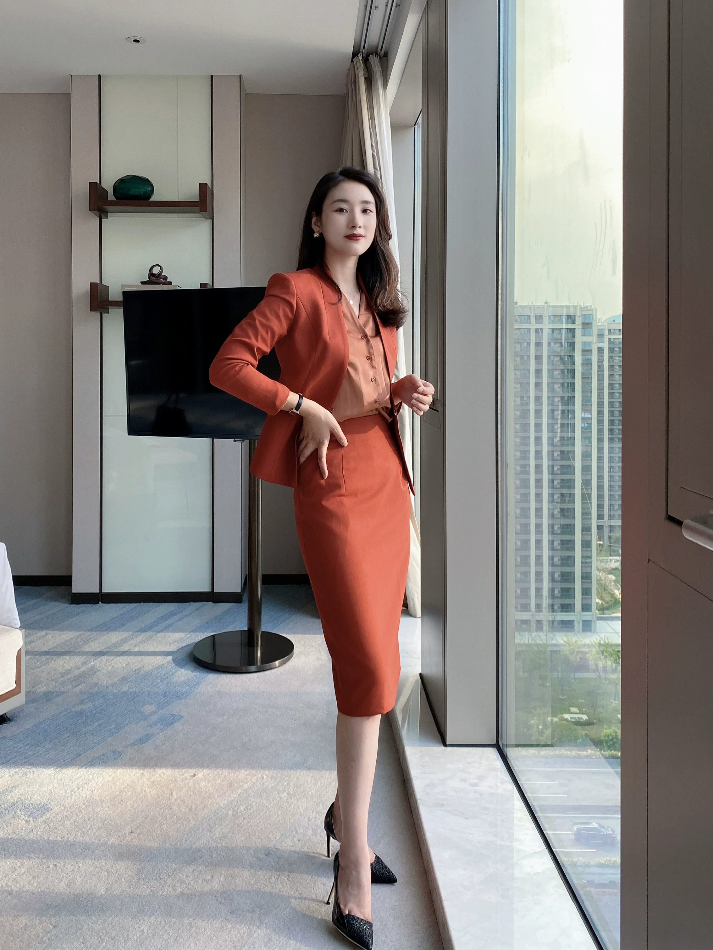 Rust Red Autumn Short Jacket & Pleated Skirt Set – Slim Fit - Image 5