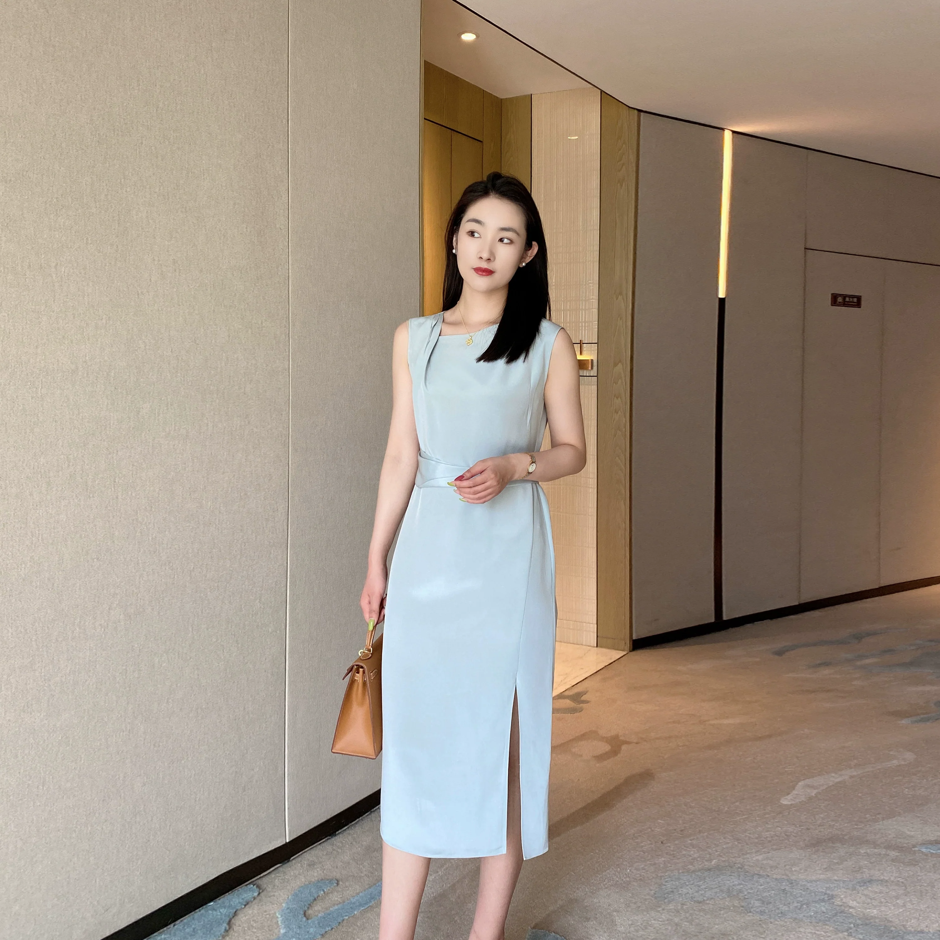 Summer Blue Elegant Sleeveless Dress High-Waist Mid-Length Skirt - Image 4