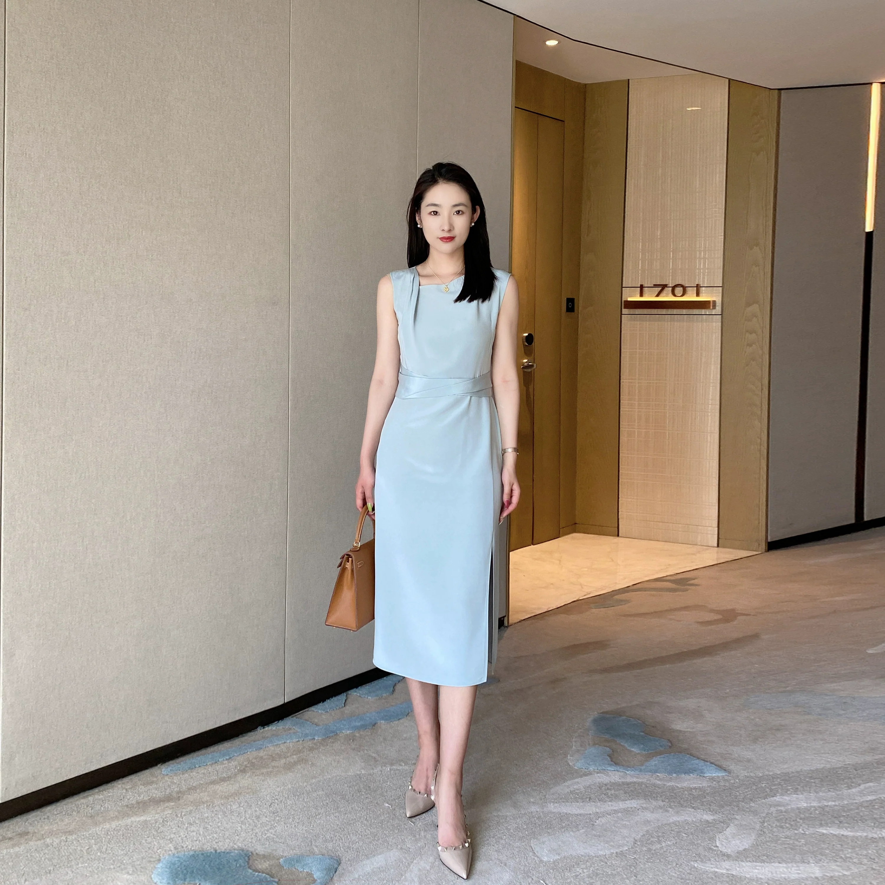 Summer Blue Elegant Sleeveless Dress High-Waist Mid-Length Skirt - Image 5