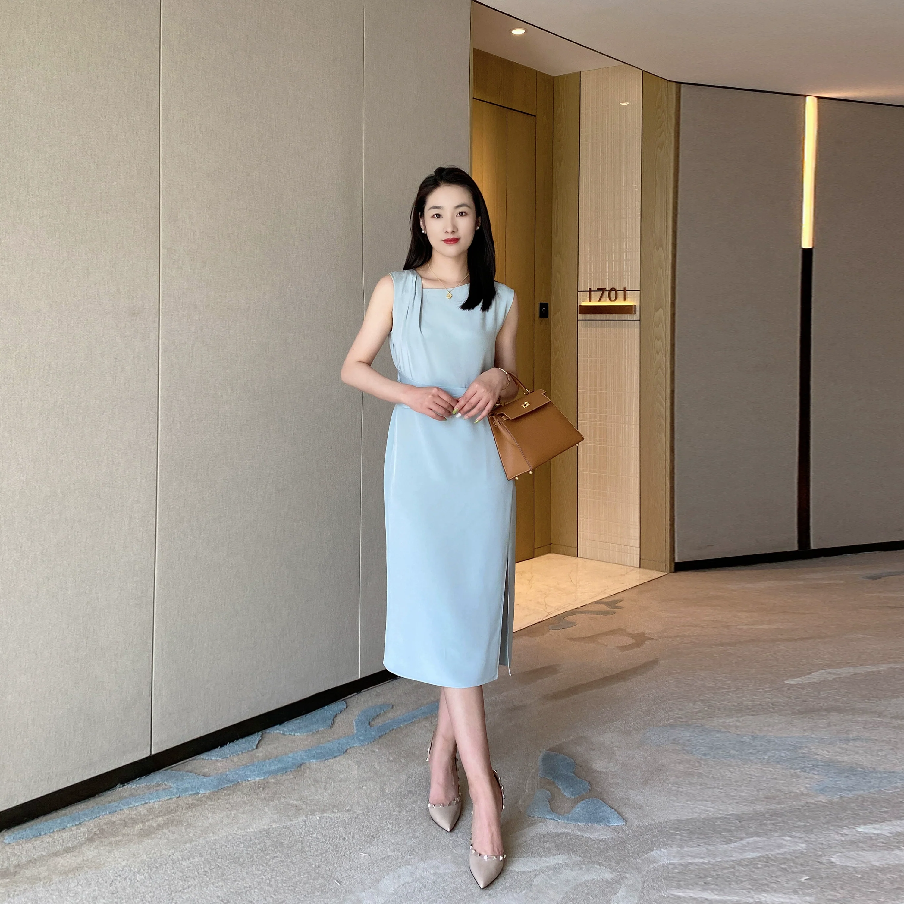 Summer Blue Elegant Sleeveless Dress High-Waist Mid-Length Skirt - Image 6