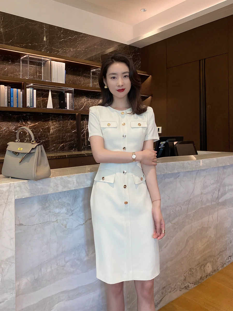 Summer White Fitted Short Sleeve Dress with Waist Belt - Image 3