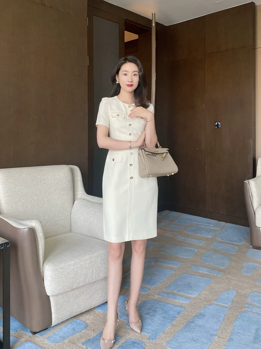 Summer White Fitted Short Sleeve Dress with Waist Belt - Image 4