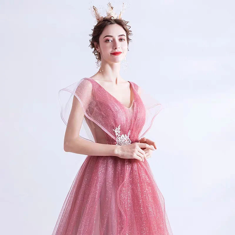 Wedding Gown Fairy-hearted Pink Gradient Starry Skirt Bride Wedding Banquet Annual Party Evening Dress 168