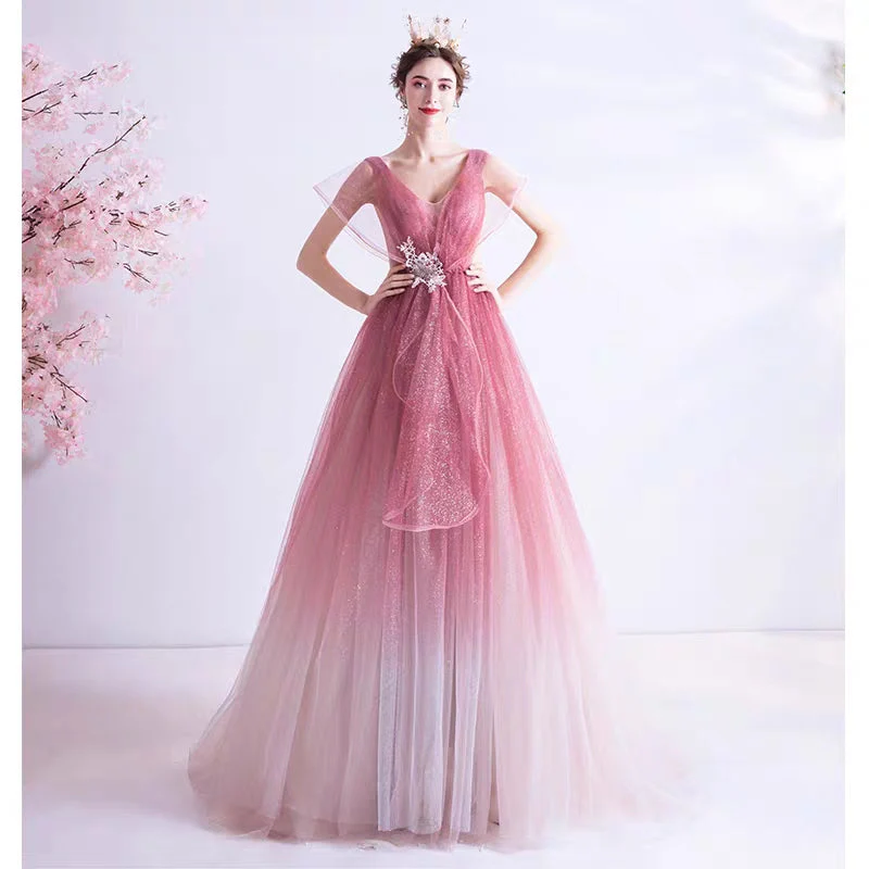 Wedding Gown Fairy-hearted Pink Gradient Starry Skirt Bride Wedding Banquet Annual Party Evening Dress 168 - Image 3