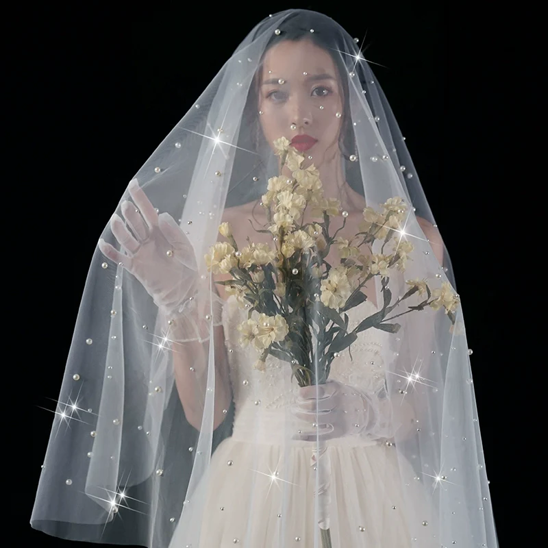 Wedding Veil Pearls Bride Photo Props Long Universal - Image 6