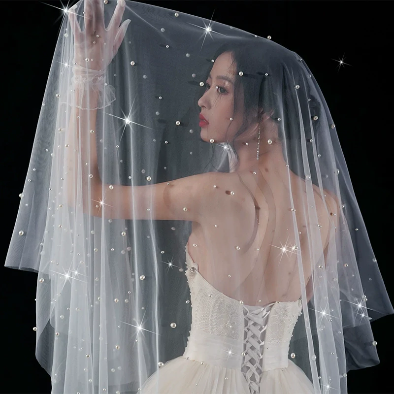 Wedding Veil Pearls Bride Photo Props Long Universal - Image 7