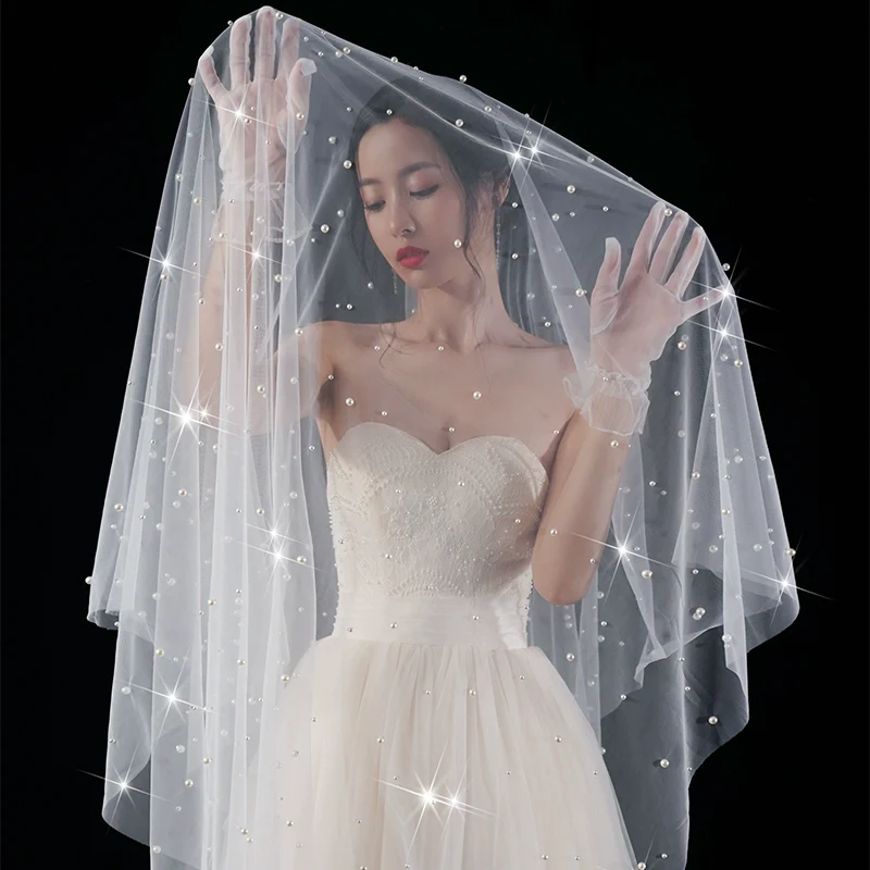 Wedding Veil Pearls Bride Photo Props Long Universal - Image 8