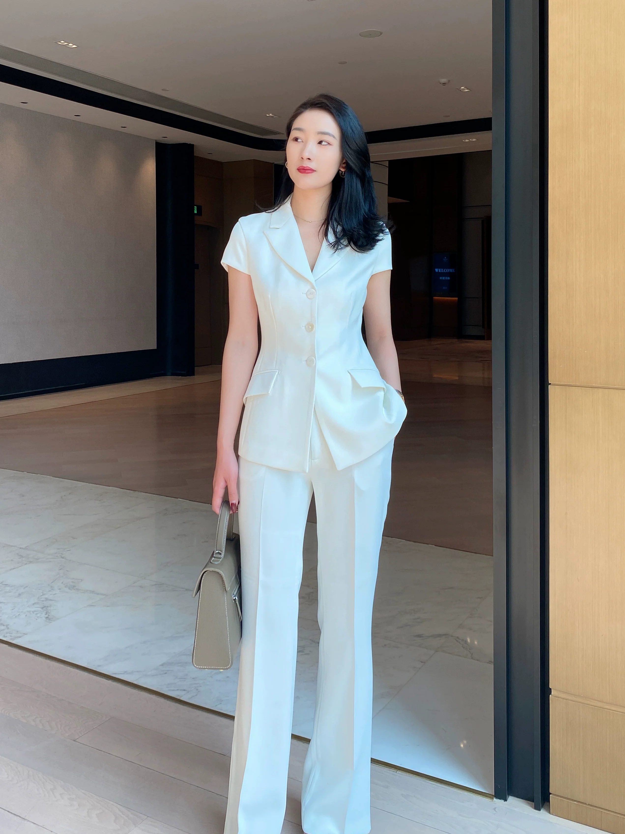 White Flared Summer Trousers with Short Sleeve Blouse - Image 3