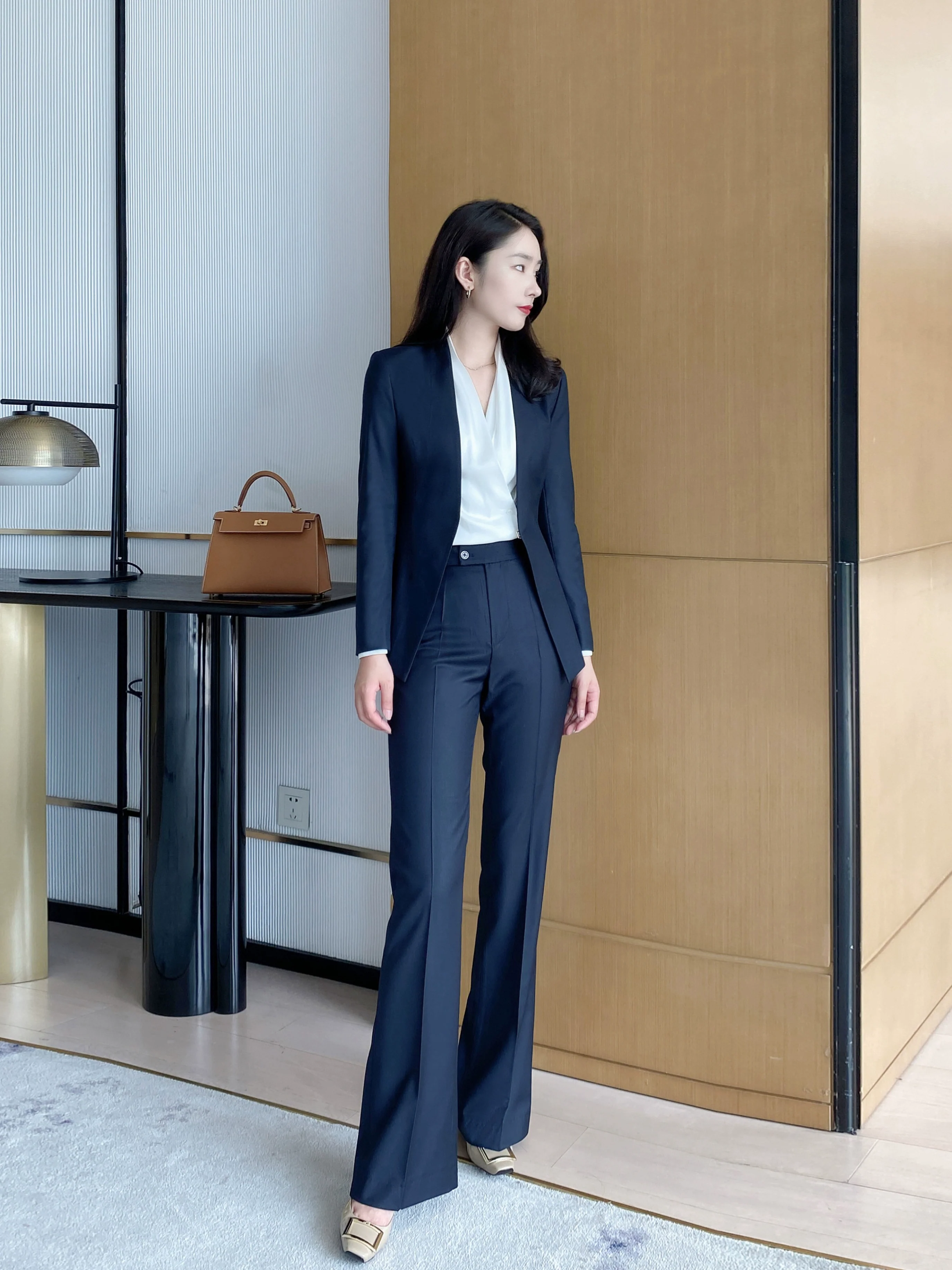 Women's Black Autumn Wool Suit Set with Flared Trousers - Image 5