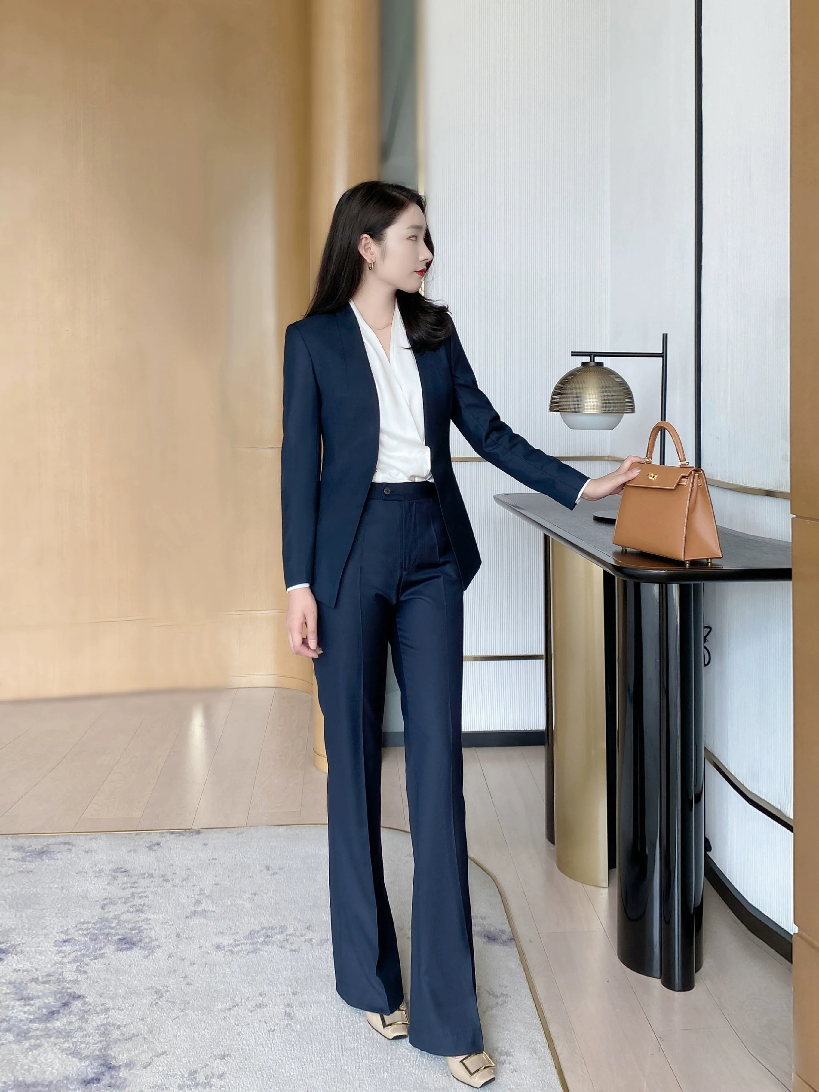Women's Black Autumn Wool Suit Set with Flared Trousers - Image 6