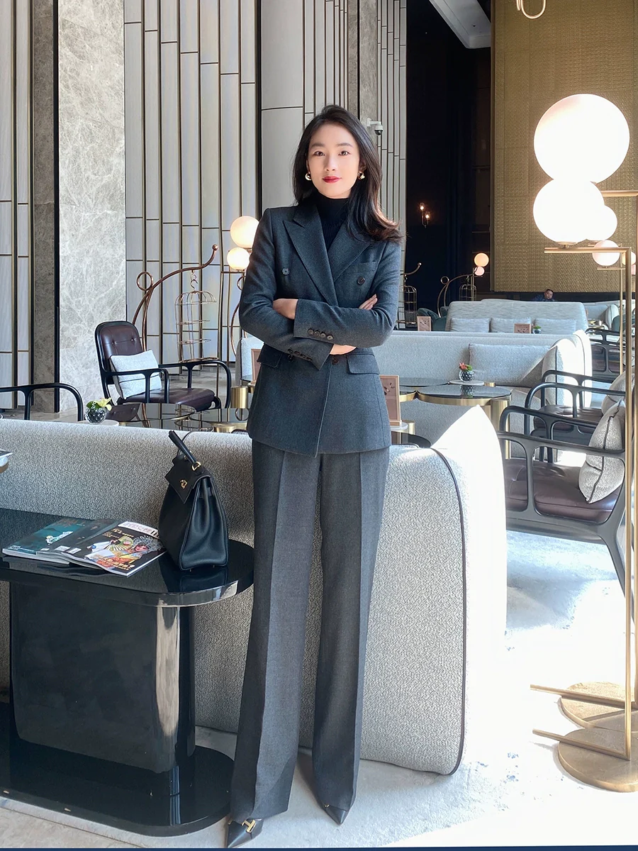 Women's Dark Gray Woolen Suit Jacket and Trousers - Image 5
